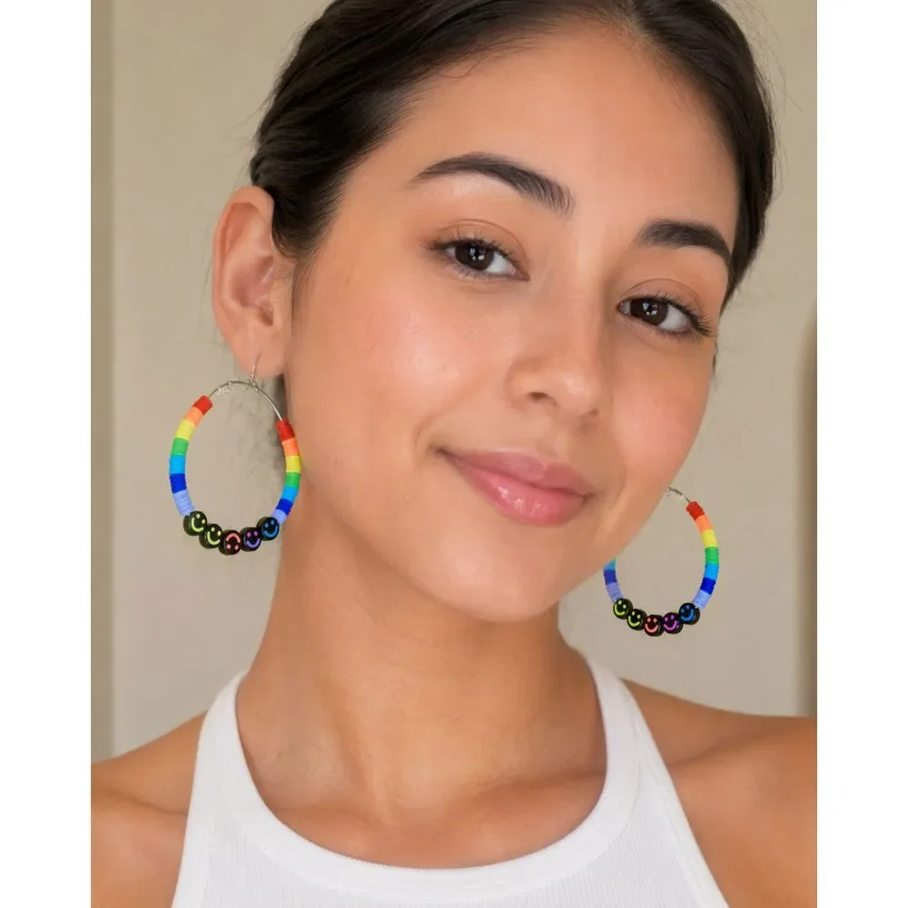 OOAK Handmade Rainbow Smiley Face Hoop Earrings Colorful Y2K Rave Beaded Pair